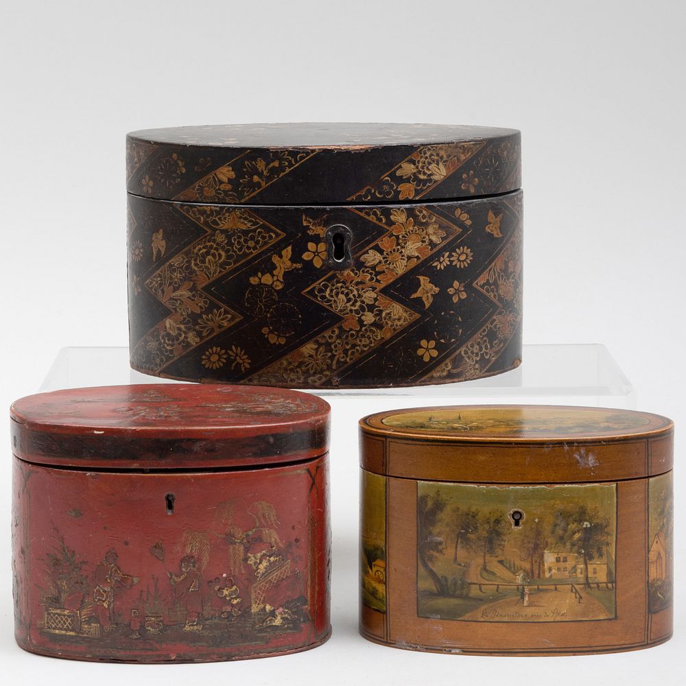 Appraisal: Two Oval Tea Caddies and an Oval Box Comprising A