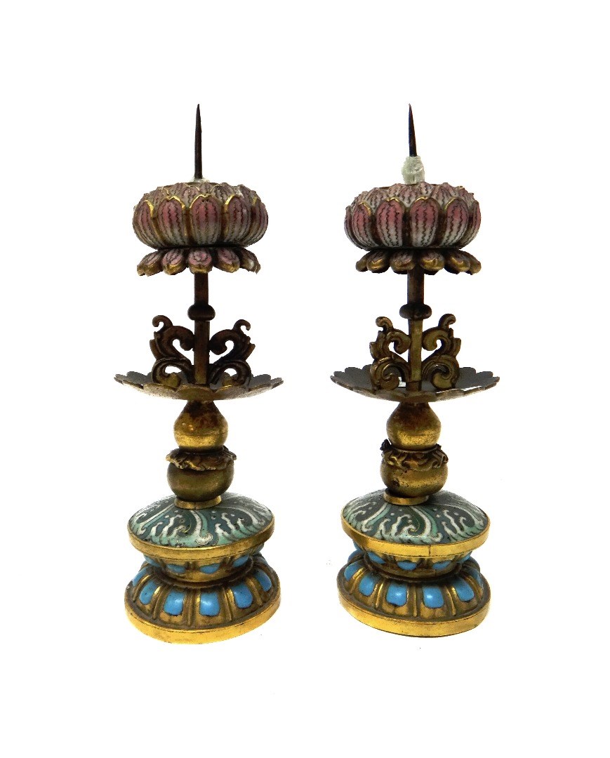 Appraisal: A pair of Chinese gilt-metal and enamel pricket candlesticks circa