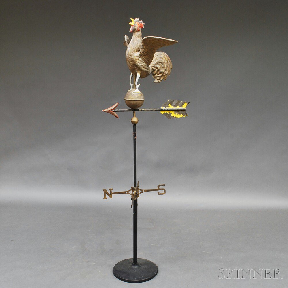 Appraisal: Molded Copper Crowing Rooster Weathervane Directionals and Stand attributed to