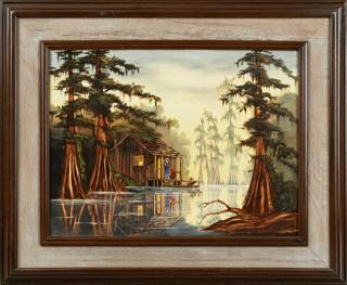 Appraisal: Angela Louisiana Swamp Cabin signed and dated l r framed