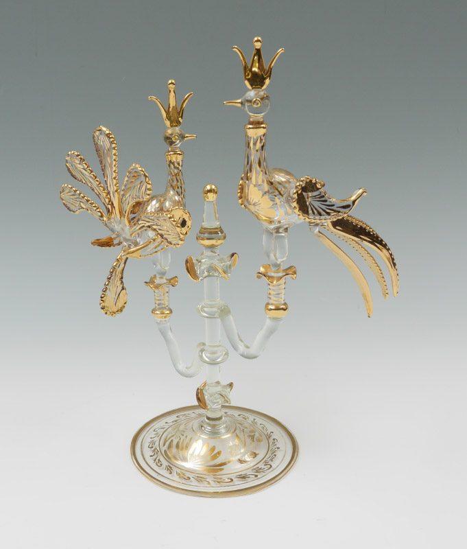 Appraisal: ELABORATE GLASS PERFUME WITH FIGURAL STOPPERS A most unusual gilt