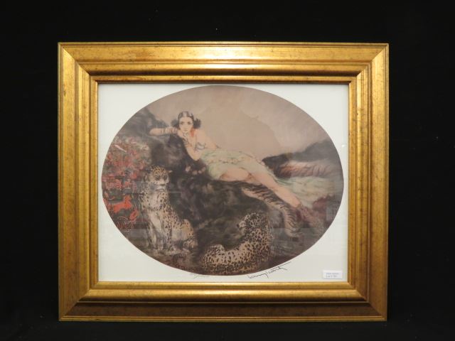 Appraisal: Louis Icart print woman with leopards of oval X