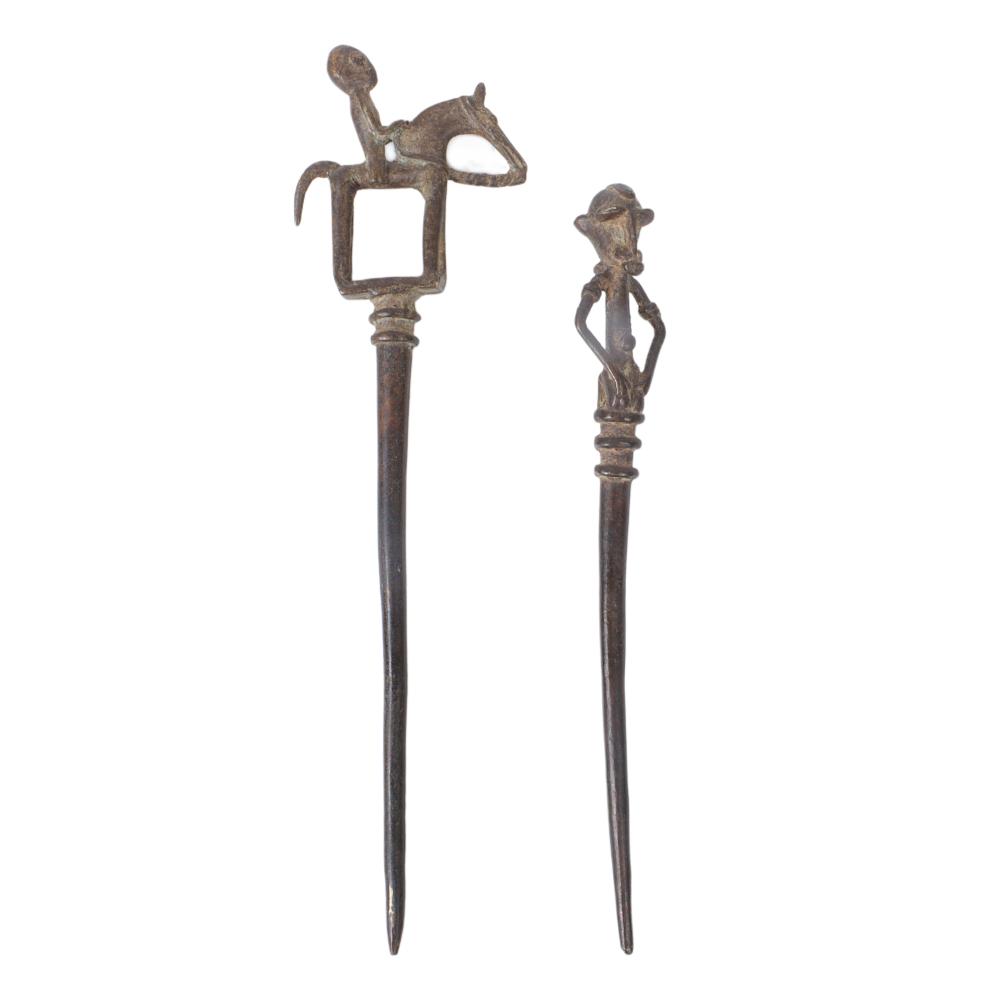 Appraisal: TWO AFRICAN BRONZE FIGURAL SKEWER STAKES NIGERIA H X W