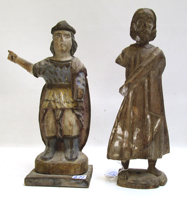 Appraisal: TWO WOOD CARVED AND PAINTED SANTOS FIGURES of standing robed