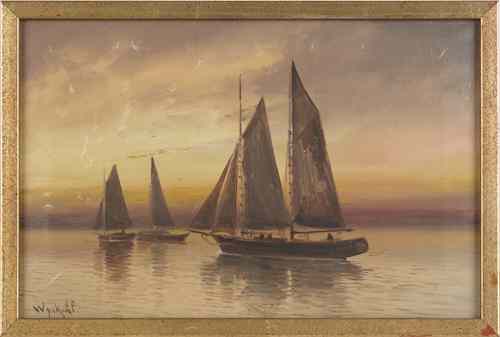 Appraisal: Oil on canvas portrait of sailboats early th c signed