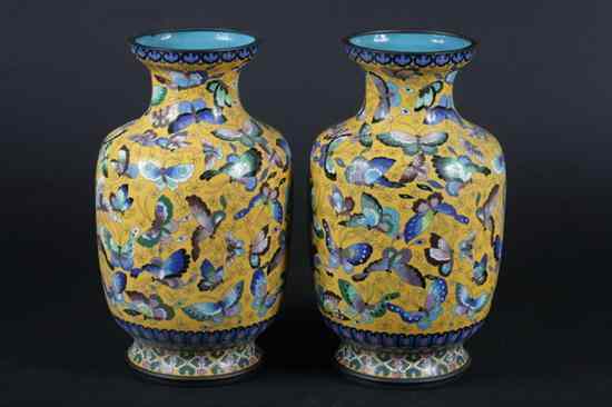 Appraisal: PAIR CHINESE CLOISONN ENAMEL VASES Butterfly decoration on yellow ground