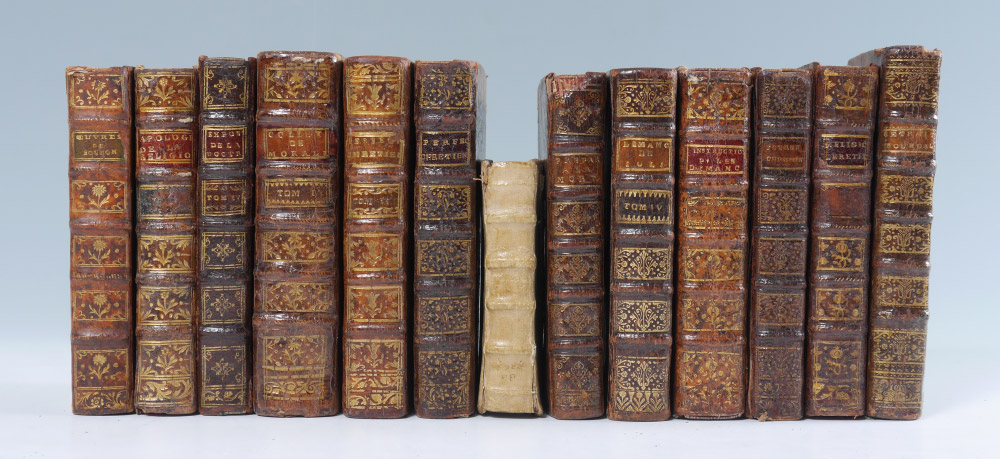 Appraisal: VOLUME ANTIQUARIAN RELIGIOUS BOOKS assorted volumes leather bound embossed spines