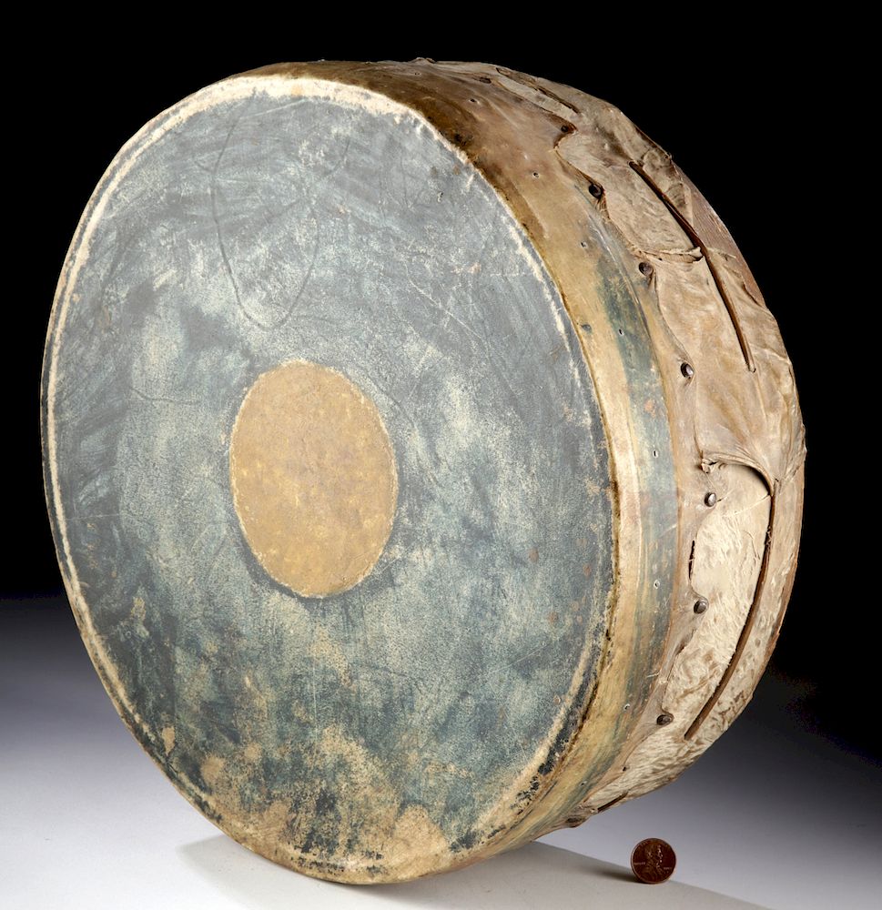 Appraisal: th C Native American Hide Bark Drum - Target Motif