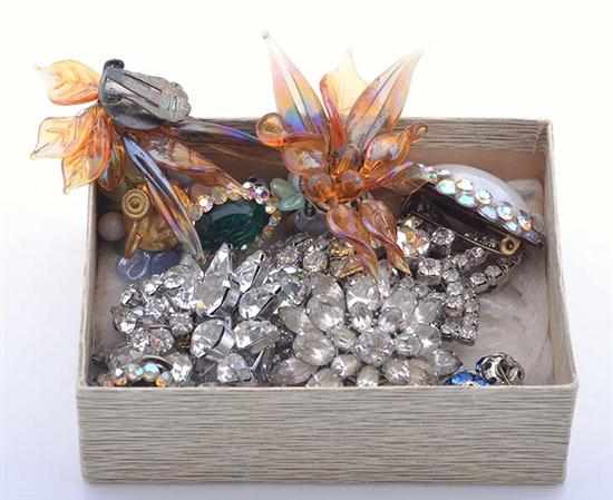 Appraisal: A COLLECTION THREE BOXES OF RHINESTONE BROOCHES GLASS EARRINGS AND