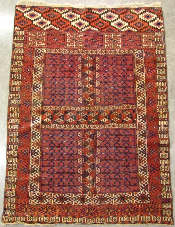 Appraisal: Antique Handmade Oriental Area Rug Turkoman Hatchlou design Ghiordes knots