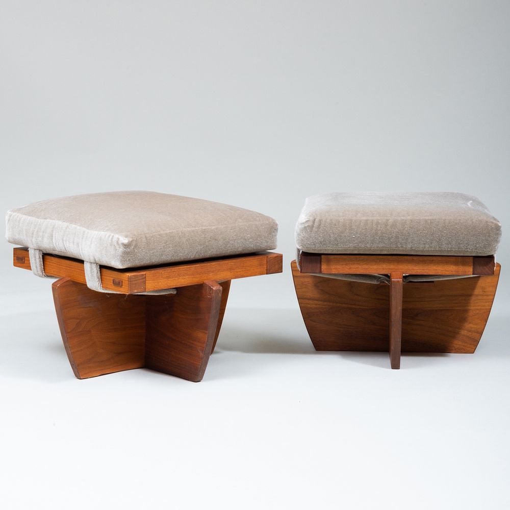 Appraisal: Pair of Nakashima Walnut Greenrock Ottomans of Recent Manufacture Stamped