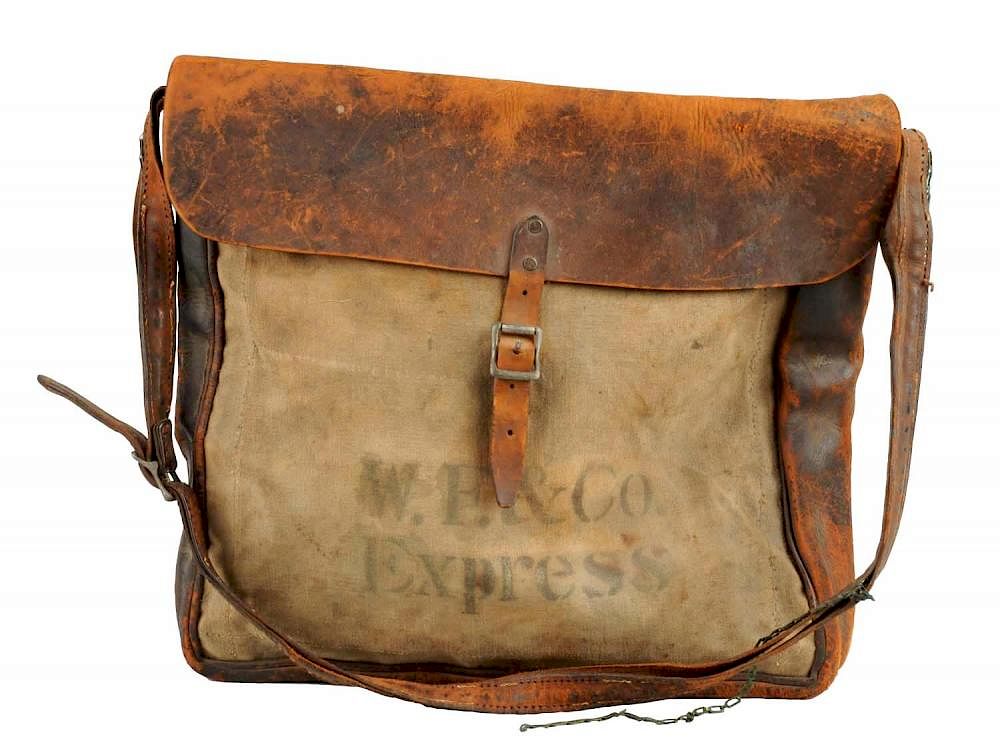 Appraisal: Wells Fargo Company Messenger Pouch This leather and canvas bag