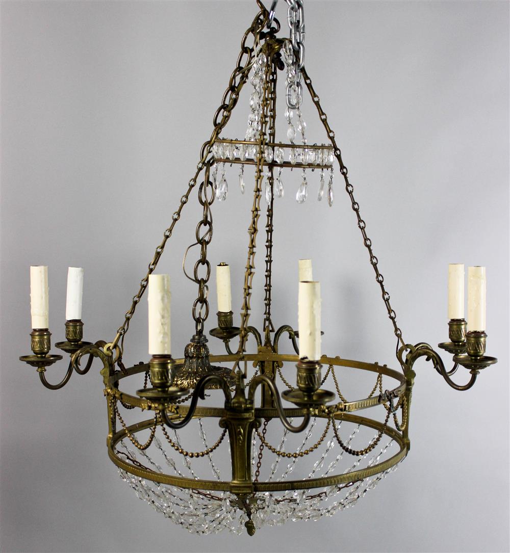 Appraisal: LOUIS XVI STYLE GILT BRONZE EIGHT-LIGHT CHANDELIER the circular frame