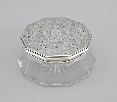 Appraisal: A Glass Powder Box with Sterling Silver Lid With R