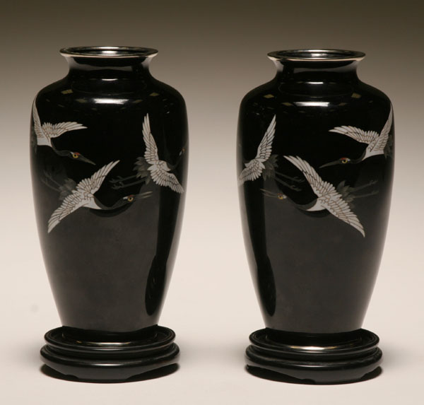 Appraisal: Pair Japanese cloisonne enamel vases with three cranes in flight