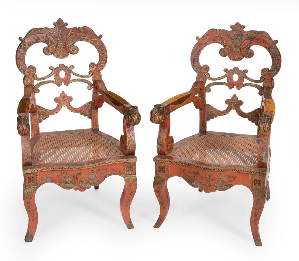 Appraisal: PAIR OF LACQUERED ARMCHAIRS EARLY TH CENTURY BACK HEIGHTS SEAT