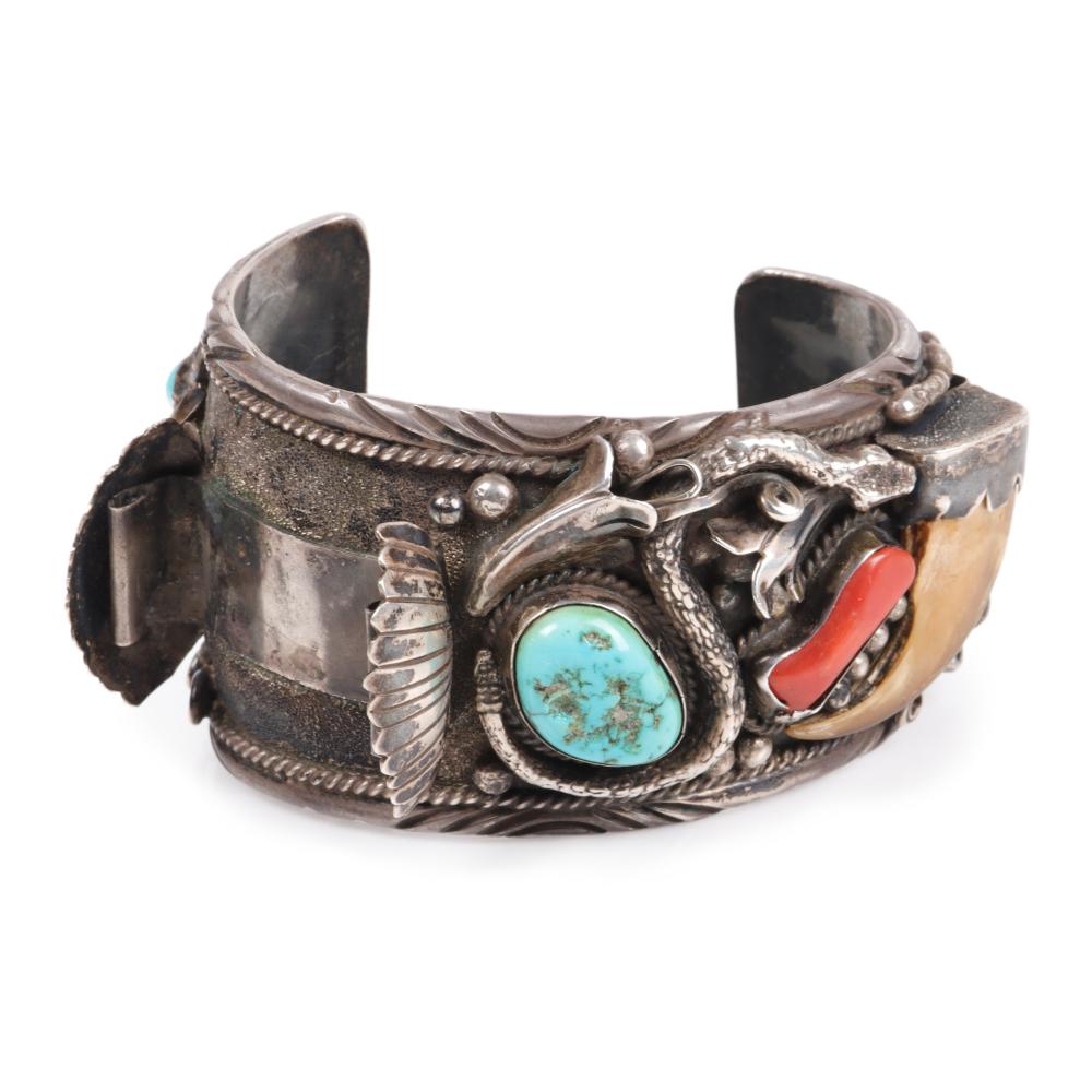 Appraisal: NEZ NATIVE AMERICAN STERLING TURQUOISE CORAL AND BEAR CLAW WATCH