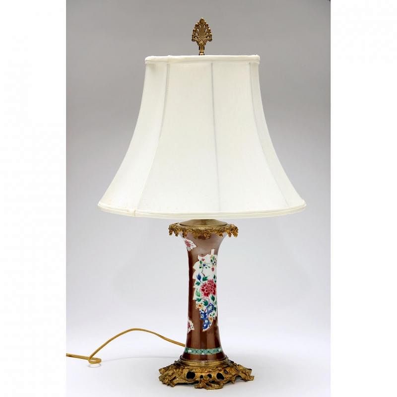 Appraisal: Chinese Porcelain Table Lamp with Ormolu Mounts cylindrical form vase