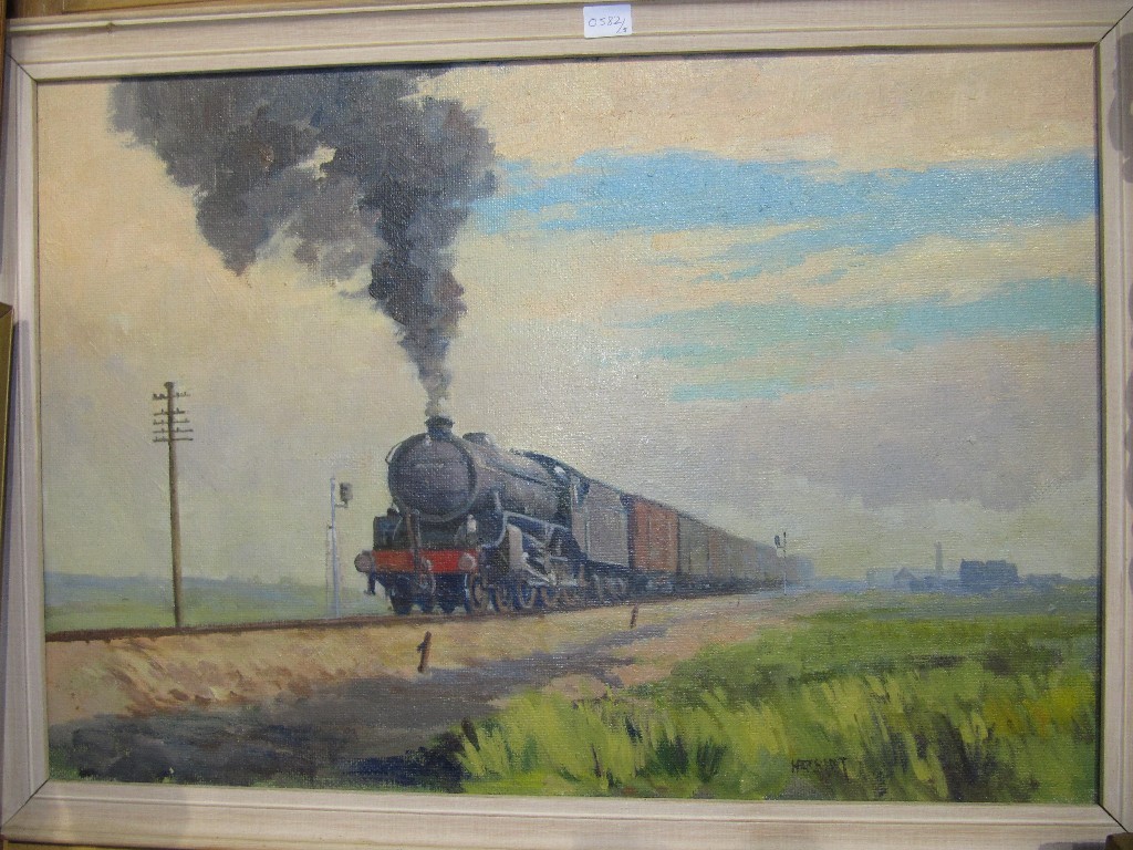 Appraisal: Oil on board of a steam train signed Herriot