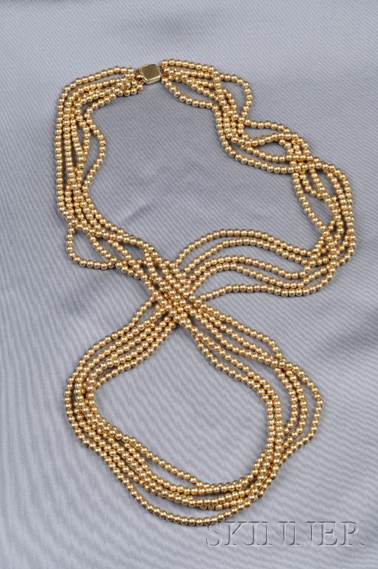 Appraisal: Multi-strand kt Gold Bead Necklace composed of five strands of