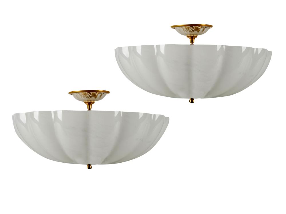 Appraisal: PAIR OF BRASS GLASS CEILING FIXTURESwith scalloped glass inches diameter