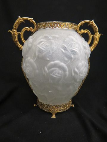 Appraisal: Tiffin Satin Glass Vase ornate brass mounts blown-out rose decor