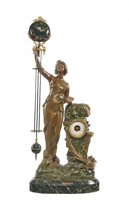 Appraisal: Victorian swinger clock painted white metal on green marble base