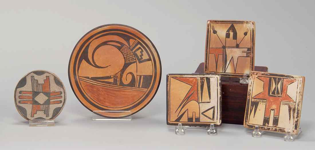 Appraisal: FIVE HOPI INDIAN POTTERY ITEMS Two dishes and three tiles