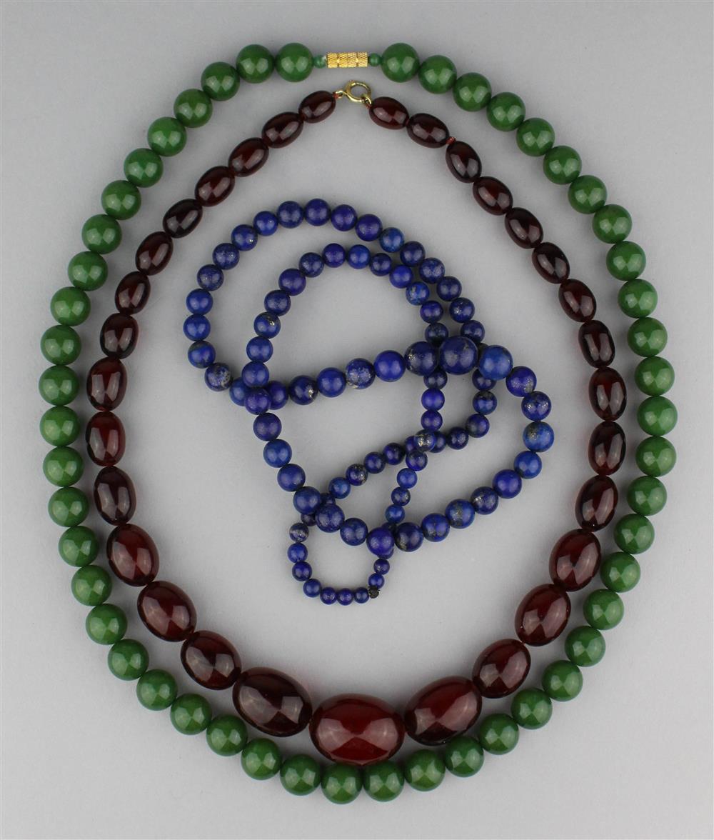 Appraisal: LAPIS BEADED NECKLACE SPINACH HARDSTONE BEADED NECKLACE AND A RED