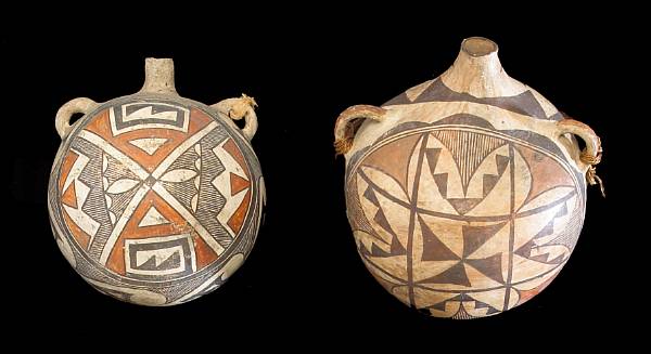 Appraisal: Two Acoma polychrome canteens Each of characteristic bulbous form profusely