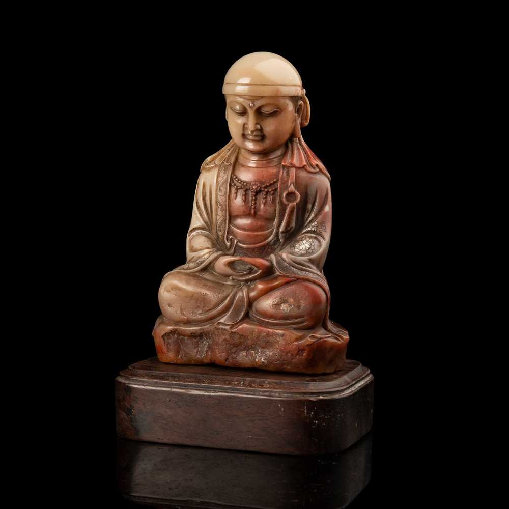 Appraisal: CARVED SOAPSTONE SEATED SIZHOU BUDDHA LATE QING DYNASTY TO REPUBLIC