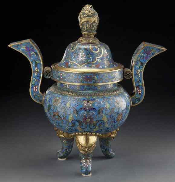 Appraisal: Chinese Qing cloisonne censerdepicting scrolling lotus with a gilt bronze