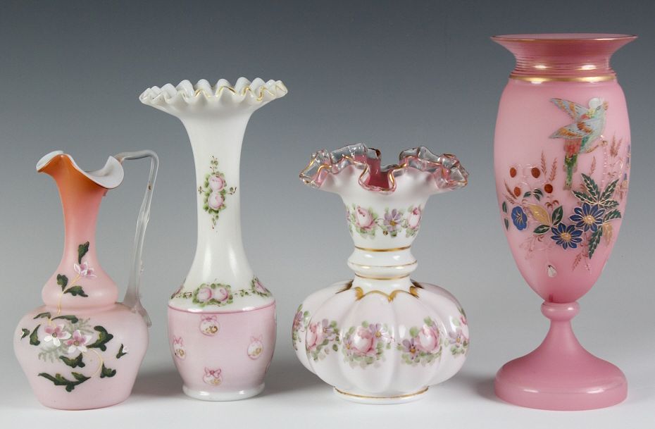 Appraisal: Antique Victorian Pink Satin Glass Vases Pitcher Collection of antique