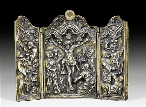 Appraisal: SMALL TRIPTYCH in gothic style probably France th cent Embossed