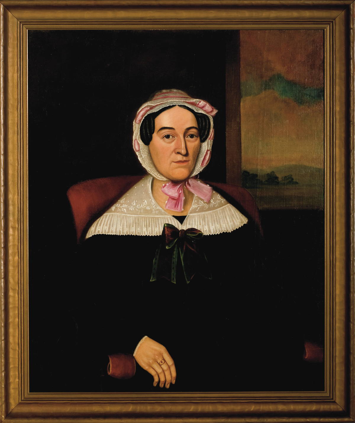 Appraisal: PORTRAIT OF A WOMAN IN LACE CAP WITH PINK RIBBONS