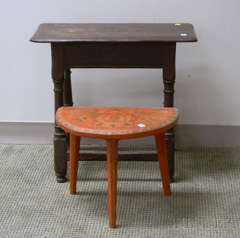 Appraisal: Oak Joint Stool and a Provincial Polychrome Paint Decorated Demilune