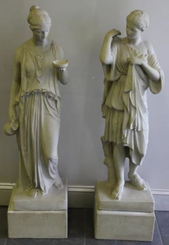 Appraisal: Vintage Cast Stone Classical Figures on Stands Nice quality and