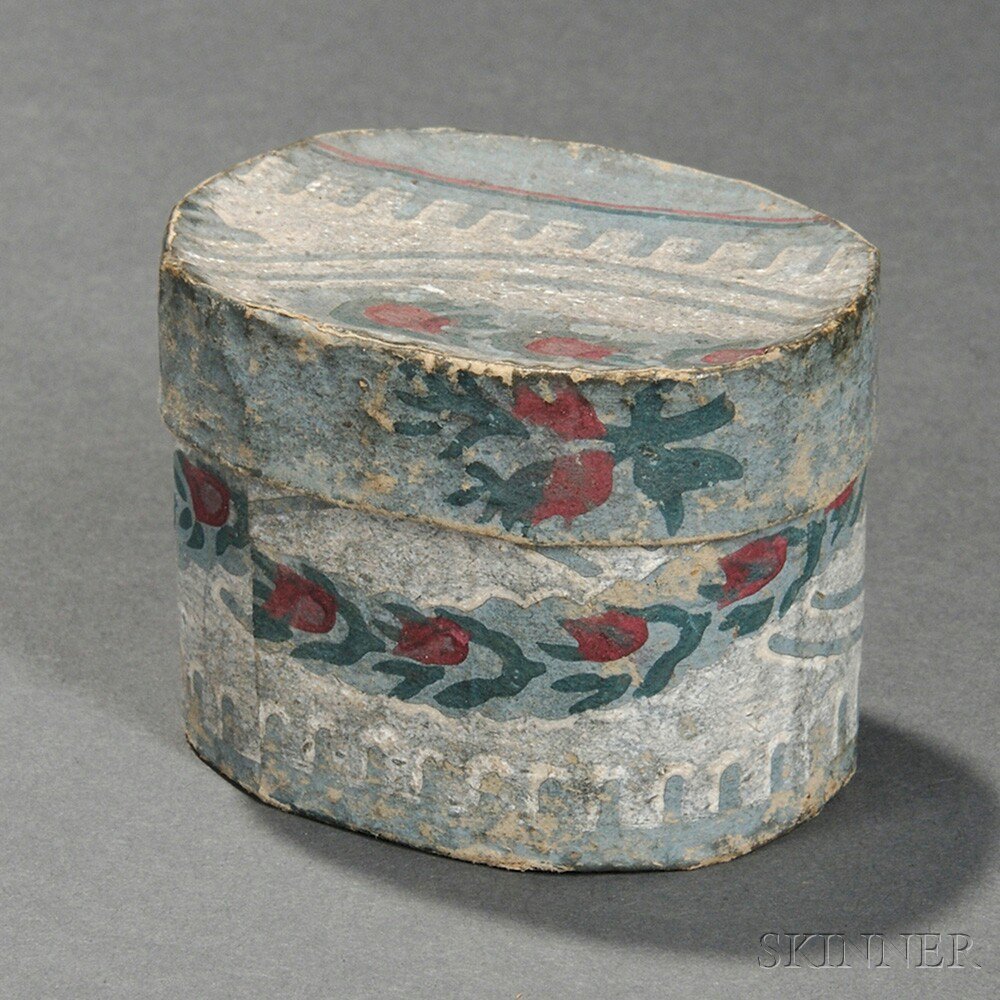 Appraisal: Miniature Wallpaper-covered Band Box New England early th century with