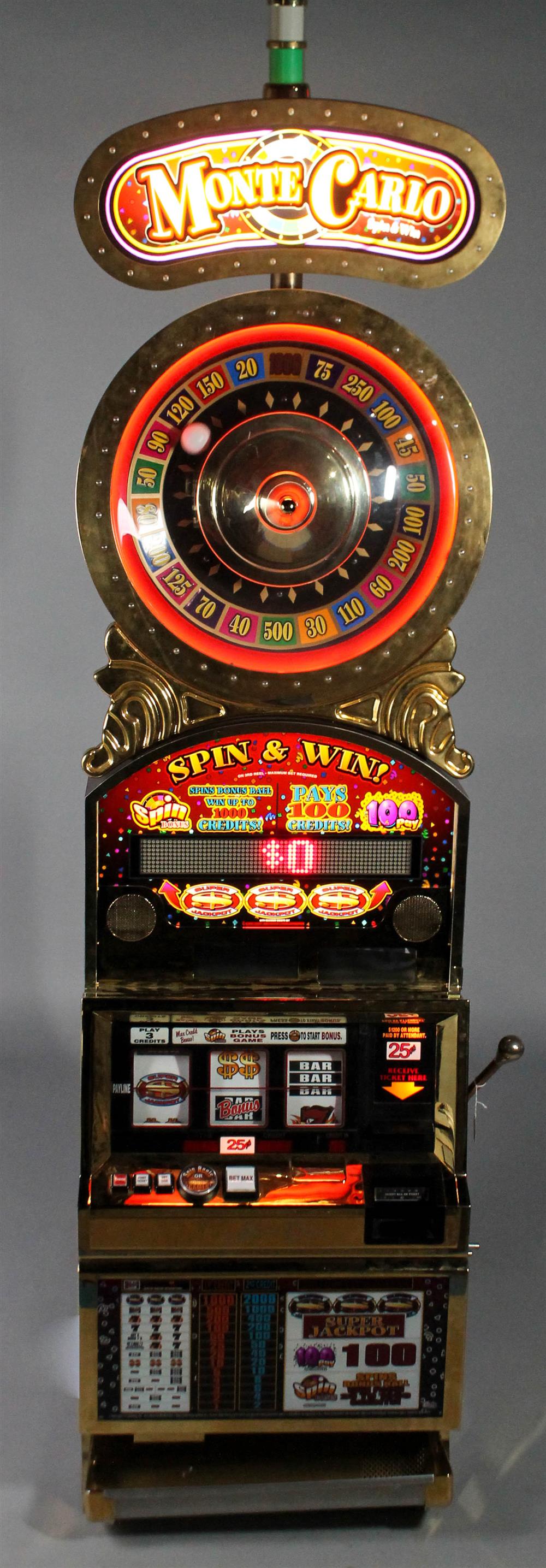 Appraisal: BALLY GAMING ELECTRIC ARCADE SLOT MACHINE MONTE CARLO SPIN WIN