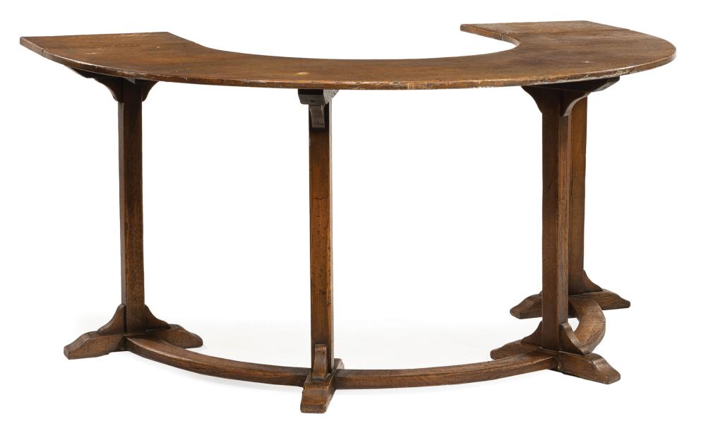 Appraisal: Georgian-Style Carved Oak Wine Table demilune drop-leaf top square bracketed