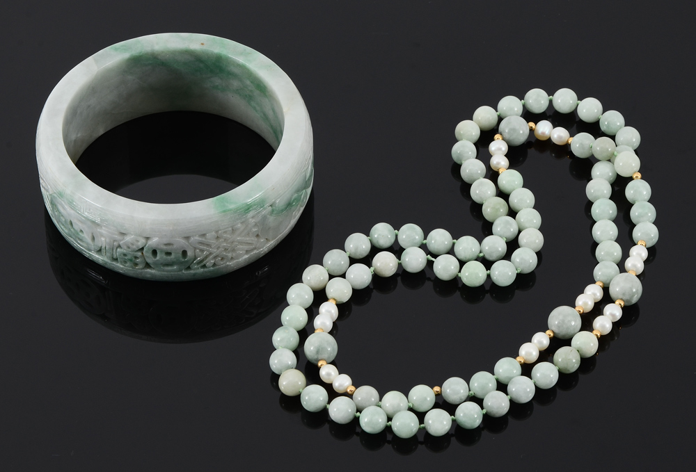 Appraisal: ESTATE FRESH JADEITE JADE BANGLE BRACELET AND BEADS Continuous strand