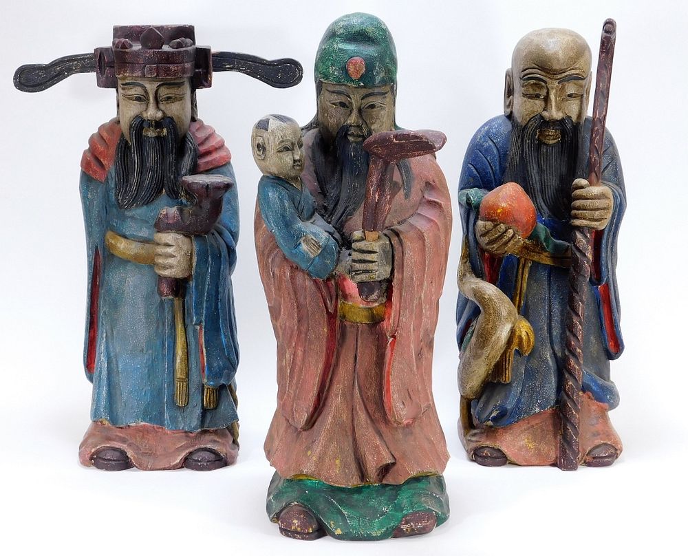 Appraisal: Chinese Carved Wood Scholar Statues China th Century Polychromatic statues