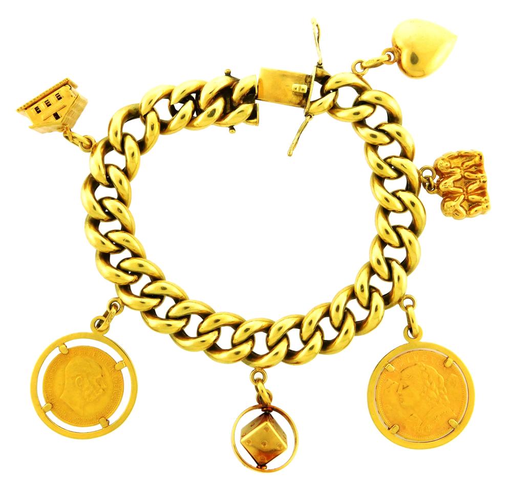 Appraisal: JEWELRY K Charm bracelet with six charms hollow curb link