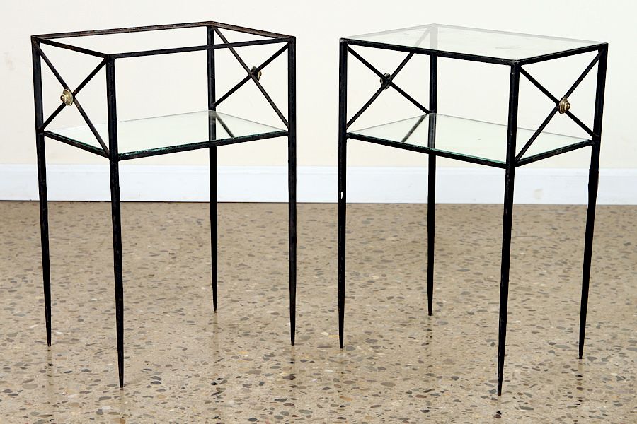 Appraisal: PAIR IRON BRASS SIDE TABLES MIRRORED C A pair of