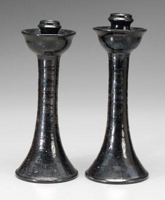 Appraisal: Pair Jugtown candlesticks black glaze both bases with impressed Jugtown