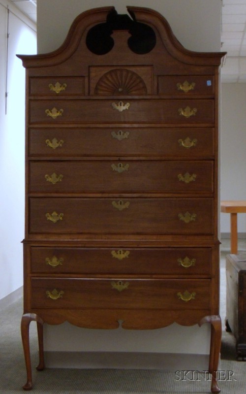 Appraisal: Queen Anne Style Carved Walnut Two-part Bonnet-top Highboy