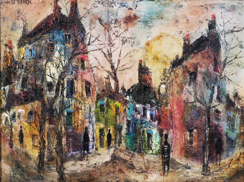 Appraisal: Colorful oil on canvas French street scene by Maurille Prevost