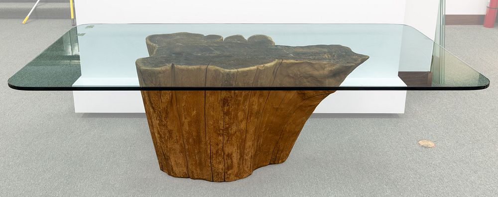 Appraisal: A CONTEMPORARY GLASS-TOP TABLE WITH WOODEN BASE A CONTEMPORARY GLASS-TOP