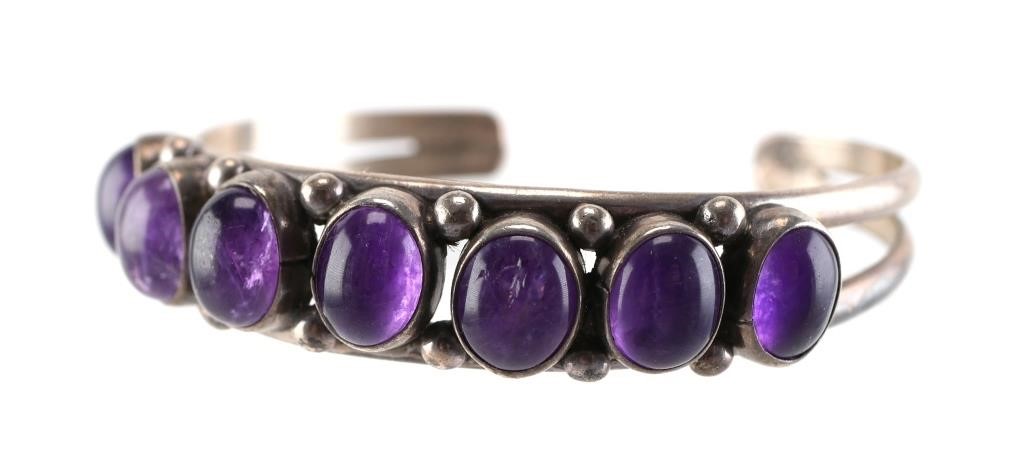 Appraisal: Navajo Native American sterling cuff bracelet with purple quartz amethyst