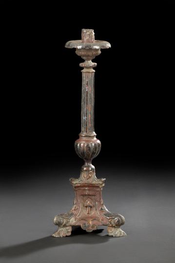 Appraisal: Continental Carved and Polychromed Tripodal Candlestick fourth quarter th century